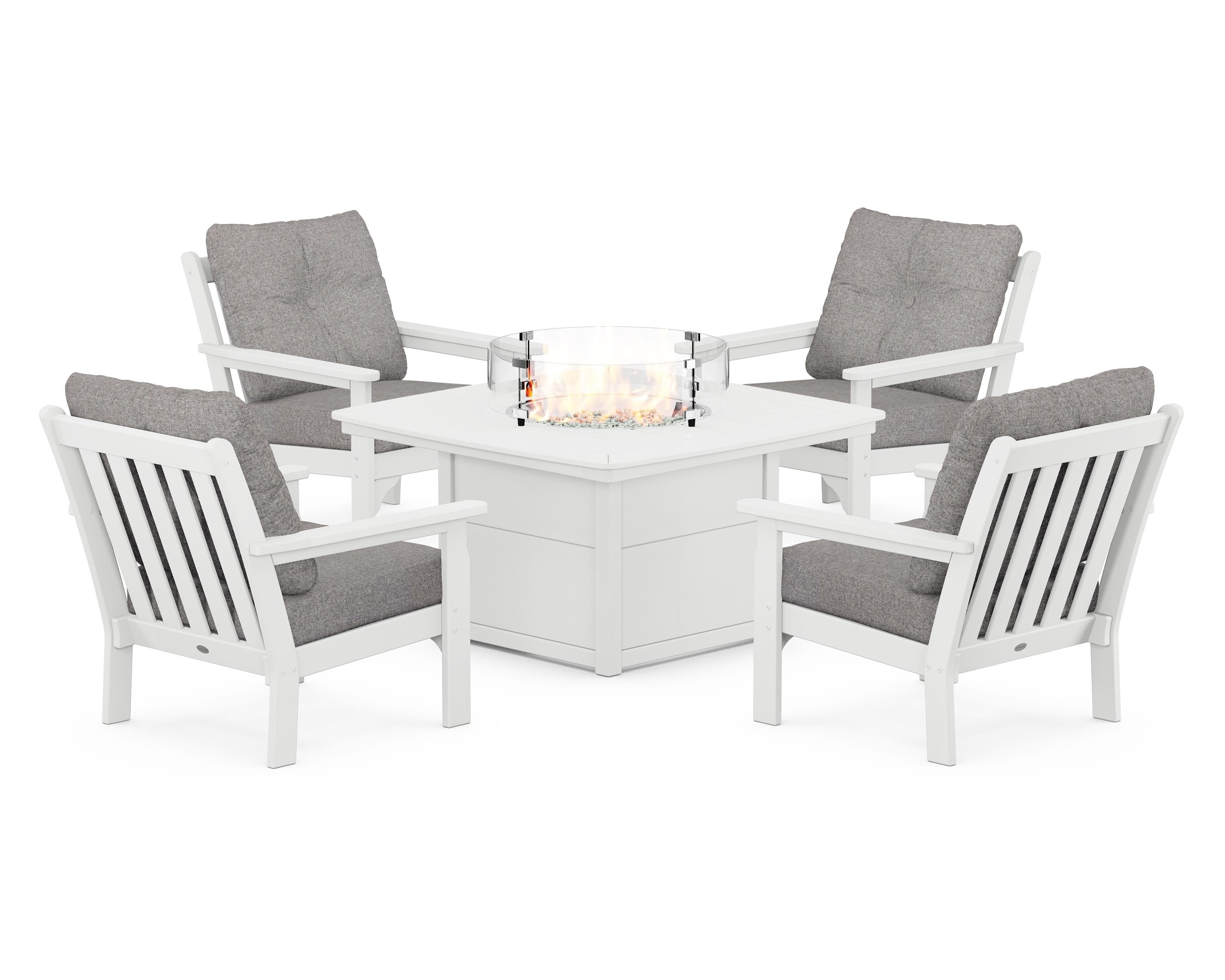POLYWOOD® Vineyard 5-Piece Conversation Set with Fire Pit Table in White / Grey Mist