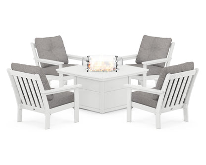 POLYWOOD® Vineyard 5-Piece Conversation Set with Fire Pit Table in White / Grey Mist