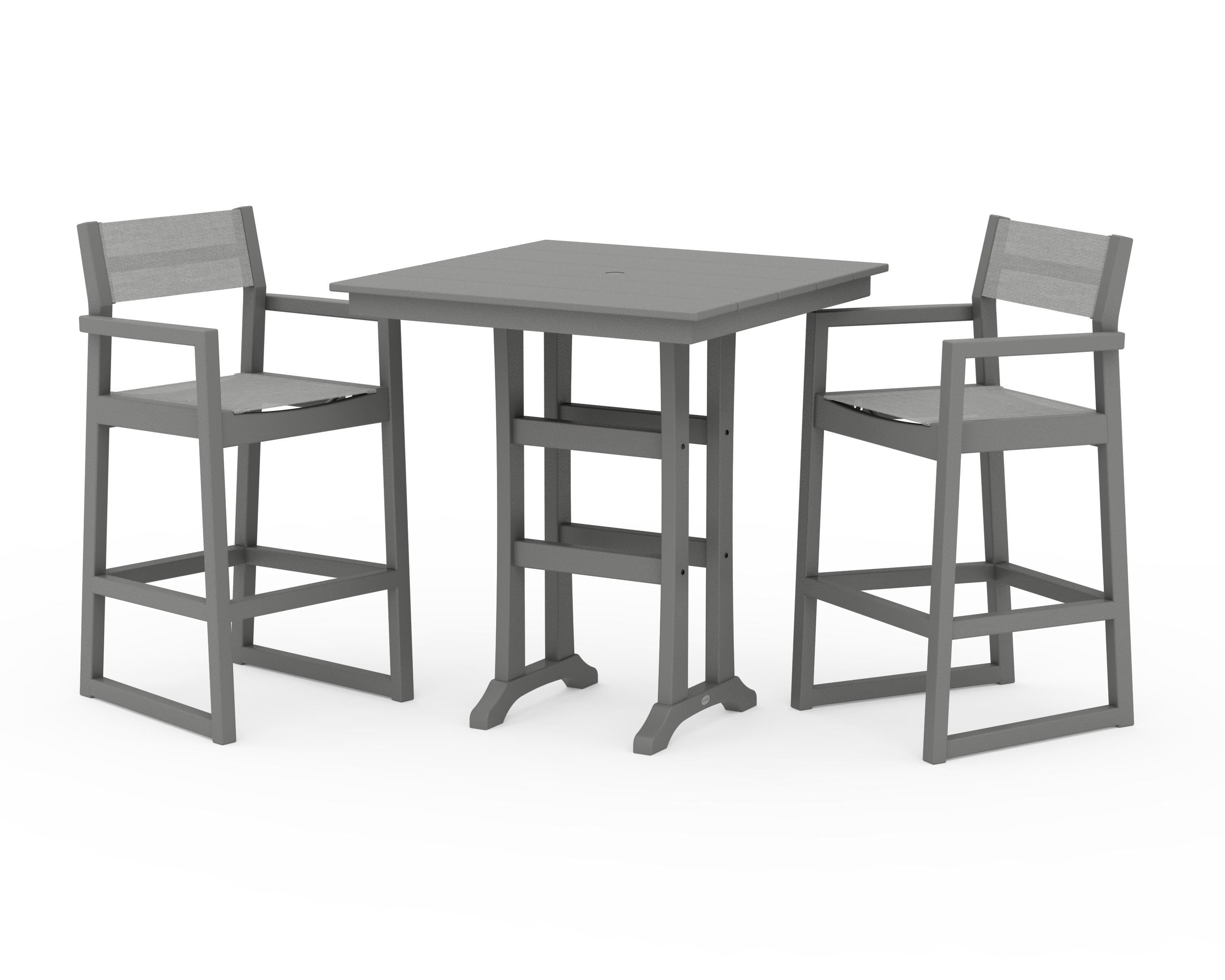 POLYWOOD® EDGE Sling Arm Chair 3-Piece Farmhouse Bar Set with Trestle Legs in Slate Grey / Metallic Sling
