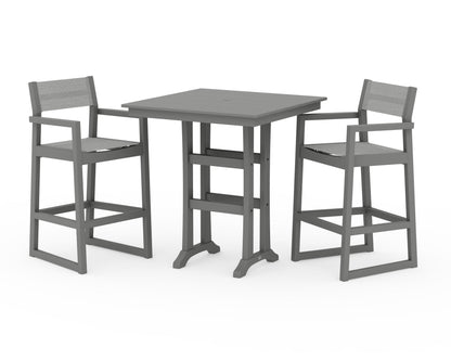 POLYWOOD® EDGE Sling Arm Chair 3-Piece Farmhouse Bar Set with Trestle Legs in Slate Grey / Metallic Sling