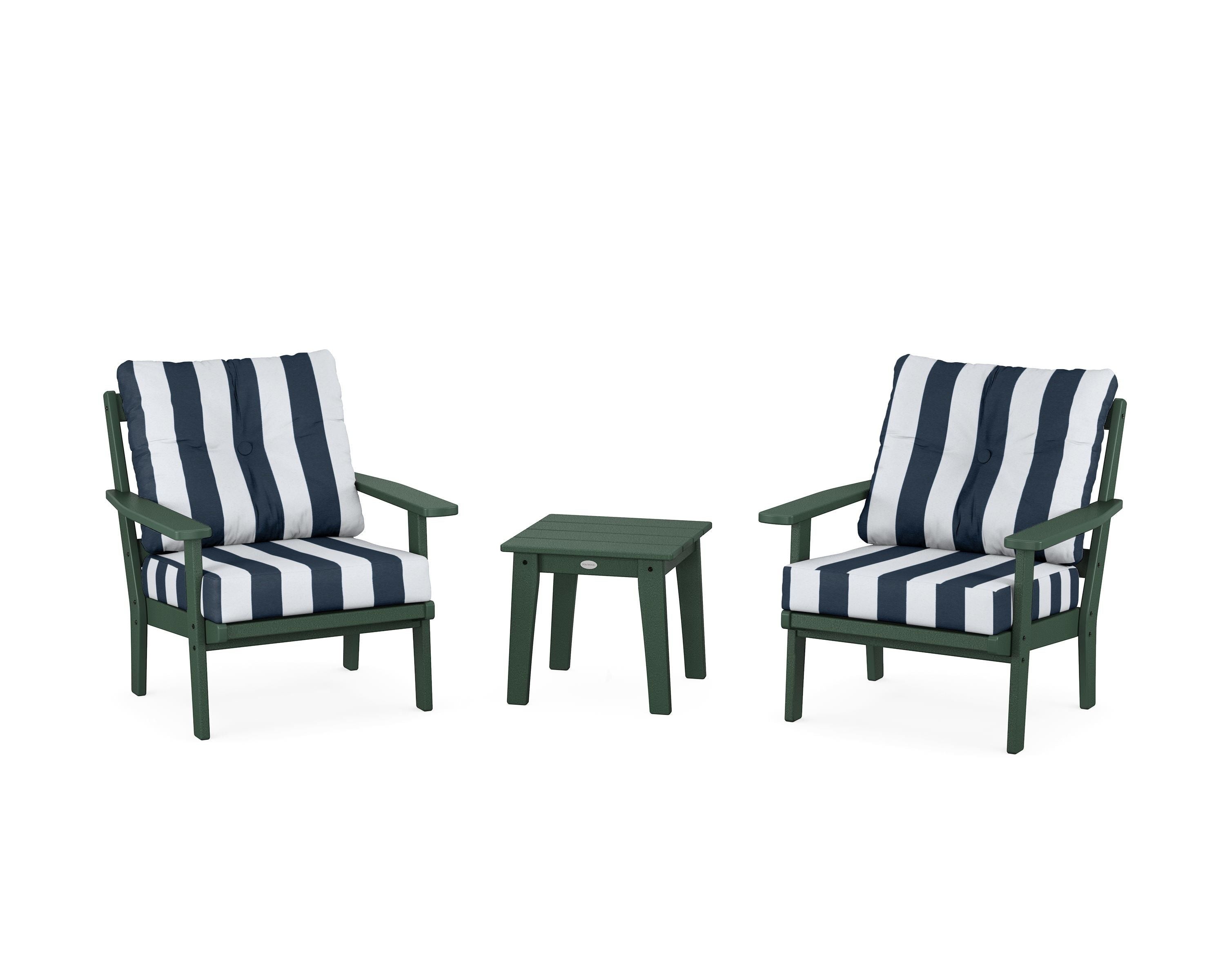 POLYWOOD® Oxford 3-Piece Deep Seating Set in Green / Cabana Stripe Marine Indigo