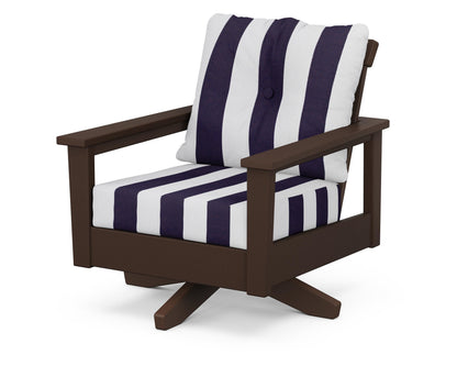 POLYWOOD® Prescott Deep Seating Swivel Chair in Mahogany / Cabana Stripe Navy
