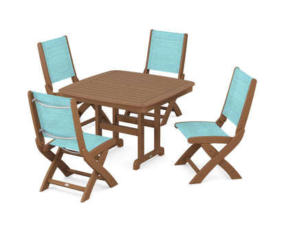 POLYWOOD® Coastal Folding Side Chair 5-Piece Dining Set in Teak / Dupioni Aquamarine Sling