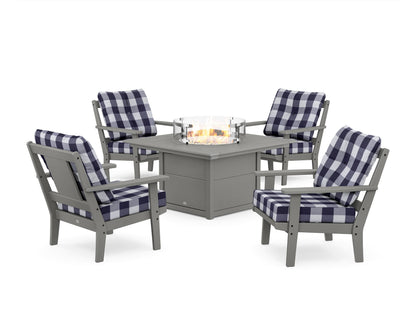 POLYWOOD® Prairie 5-Piece Deep Seating Set with Fire Pit Table in Slate Grey / Buffalo Plaid Navy