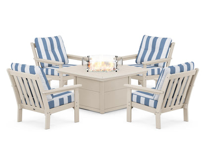 POLYWOOD® Vineyard 5-Piece Conversation Set with Fire Pit Table in Sand / Cabana Stripe Sky Blue