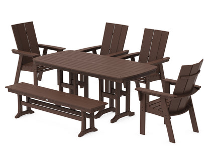 POLYWOOD® Modern Curveback Adirondack 6-Piece Dining Set with Bench in Mahogany