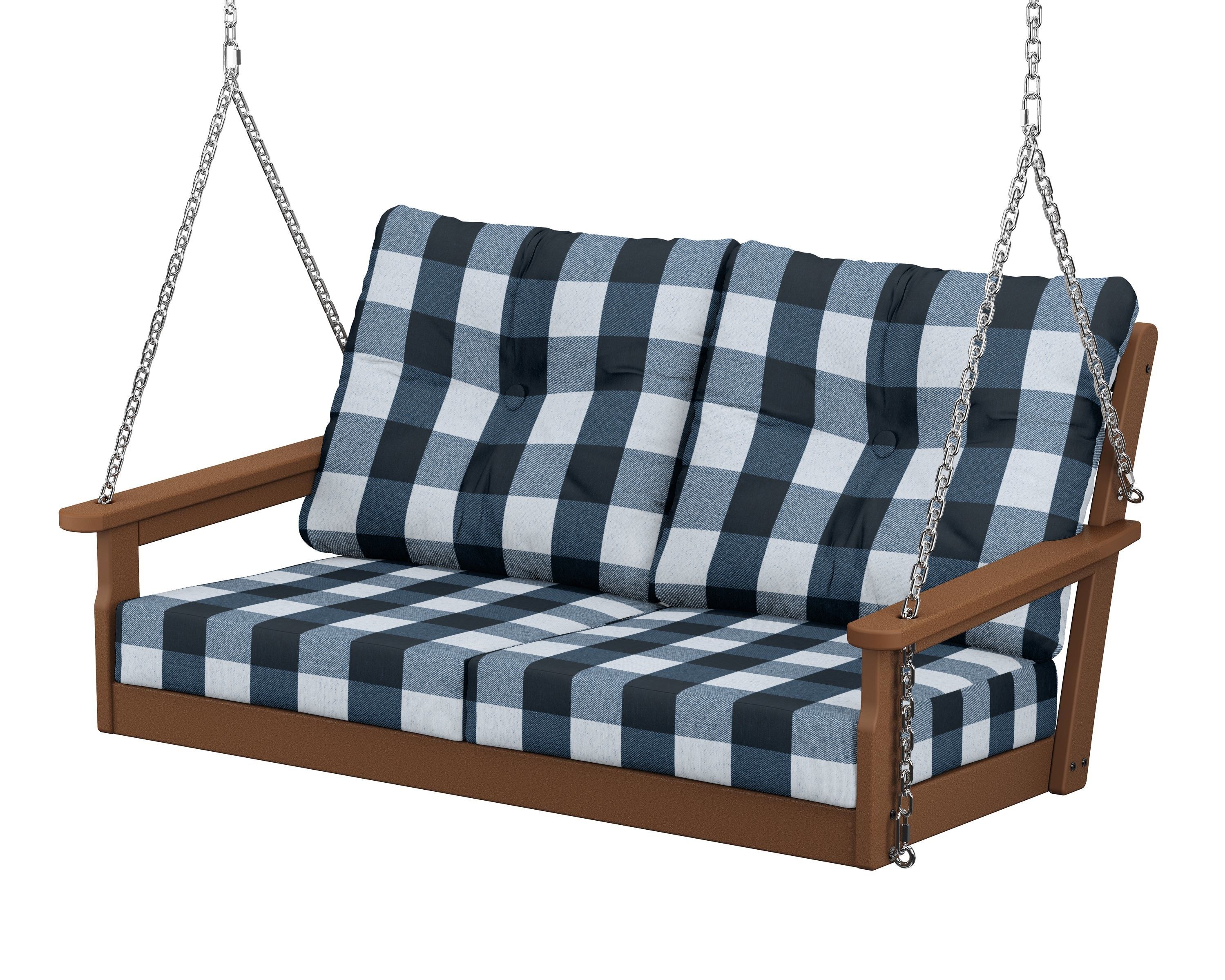 POLYWOOD® Vineyard Deep Seating Swing in Teak / Buffalo Plaid Marine Indigo