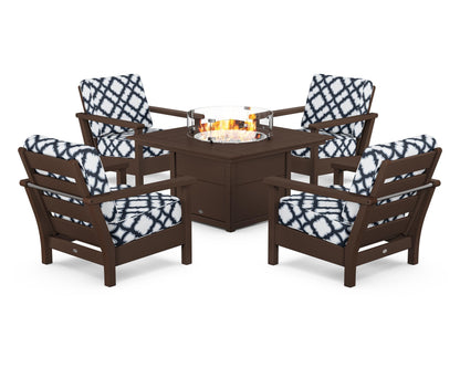 POLYWOOD® Harbour 5-Piece Conversation Set with Fire Pit Table in Mahogany / Trellis Marine Indigo