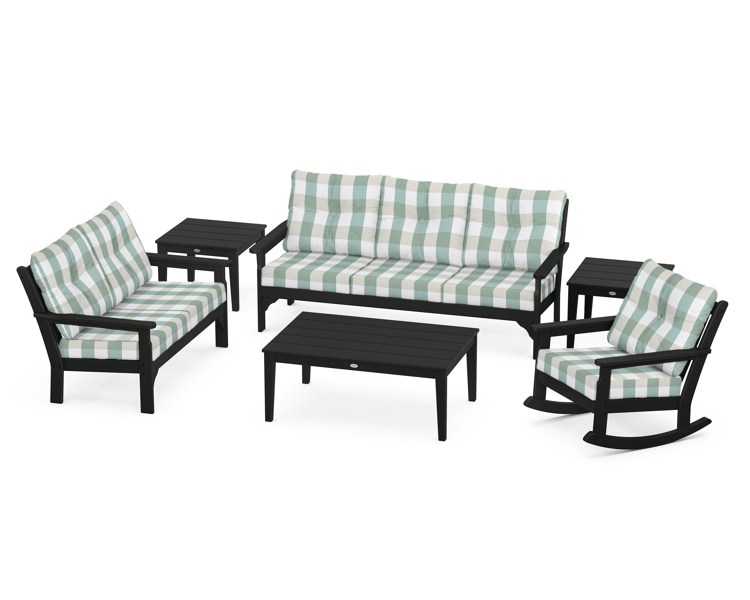 POLYWOOD® Vineyard 6-Piece Deep Seating Set in Black / Buffalo Plaid Glacier Spa