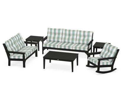 POLYWOOD® Vineyard 6-Piece Deep Seating Set in Black / Buffalo Plaid Glacier Spa