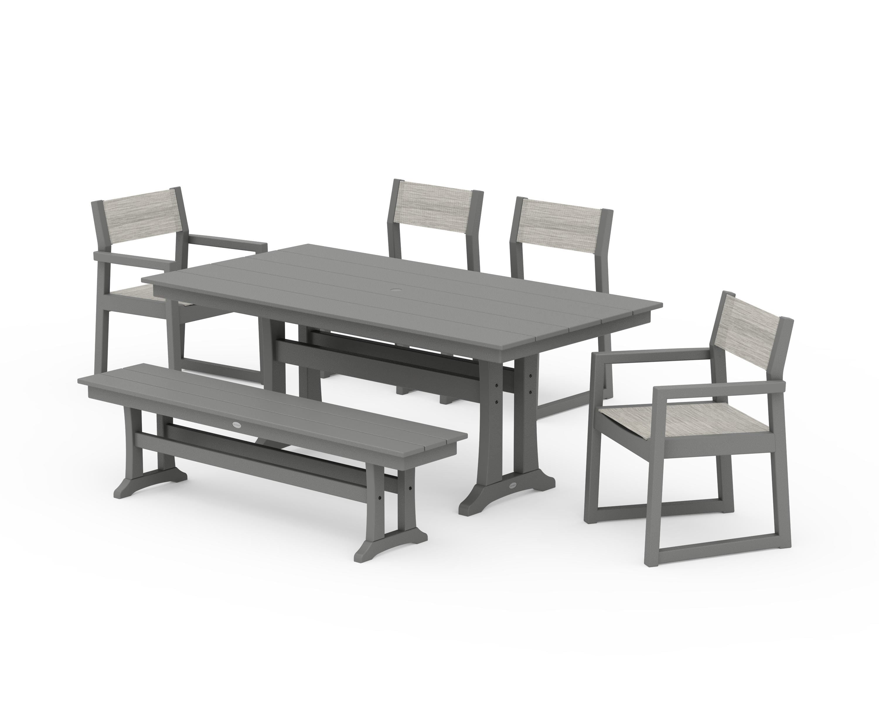 POLYWOOD® EDGE Sling 6-Piece Farmhouse Dining Set With Trestle Legs in Slate Grey / Birch Sling