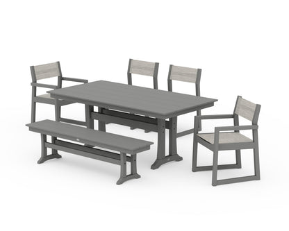 POLYWOOD® EDGE Sling 6-Piece Farmhouse Dining Set With Trestle Legs in Slate Grey / Birch Sling
