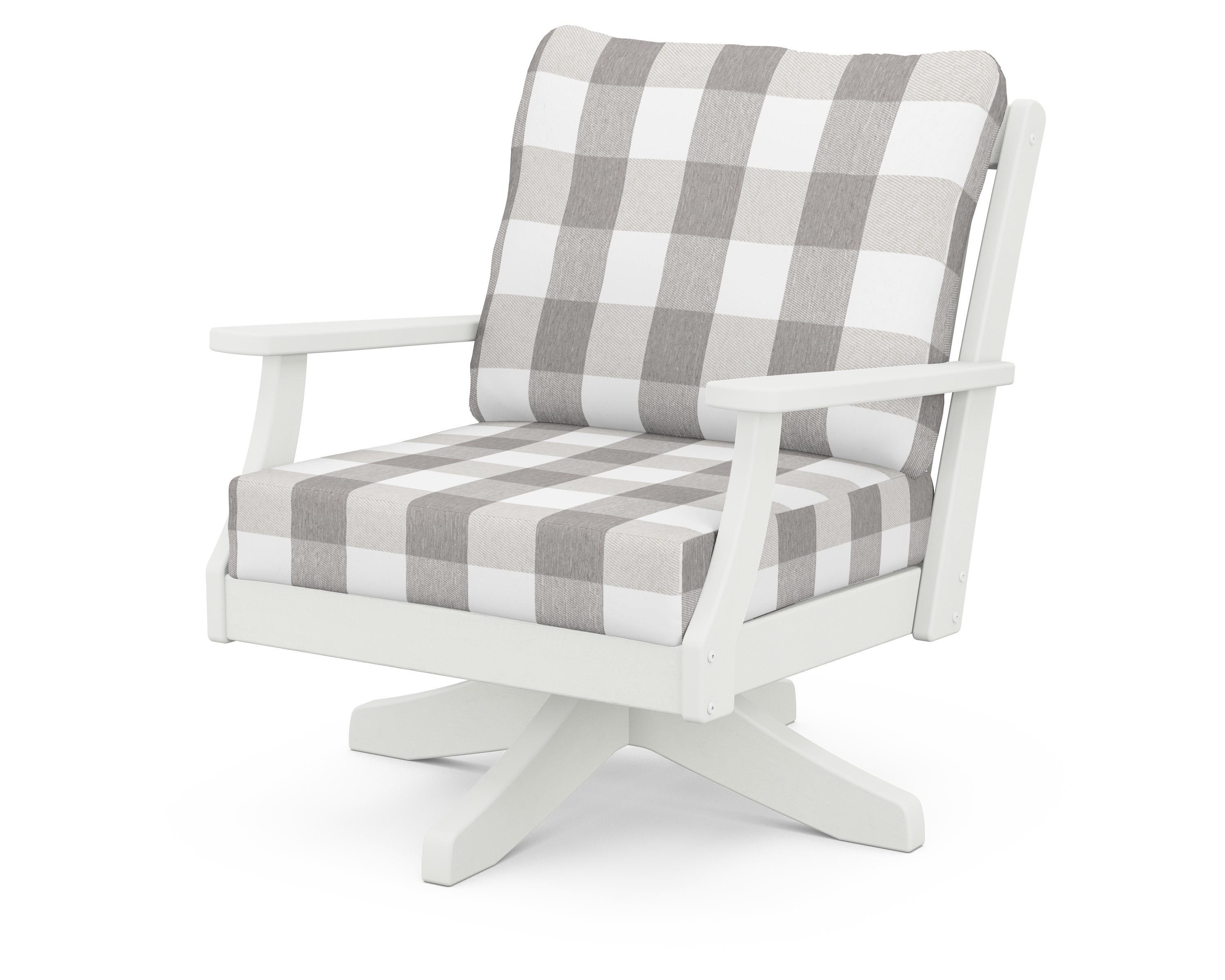 POLYWOOD® Braxton Deep Seating Swivel Chair in Vintage White / Buffalo Plaid Grey Mist
