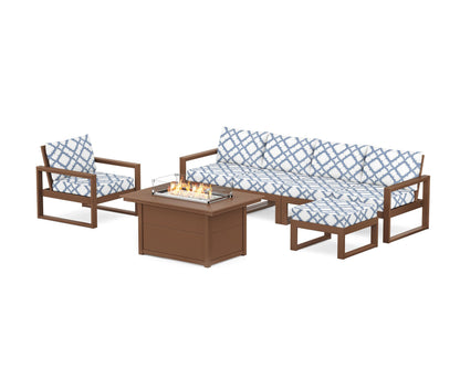 POLYWOOD® EDGE Sectional Lounge and Fire Pit Set in Teak / Trellis Sky Blue
