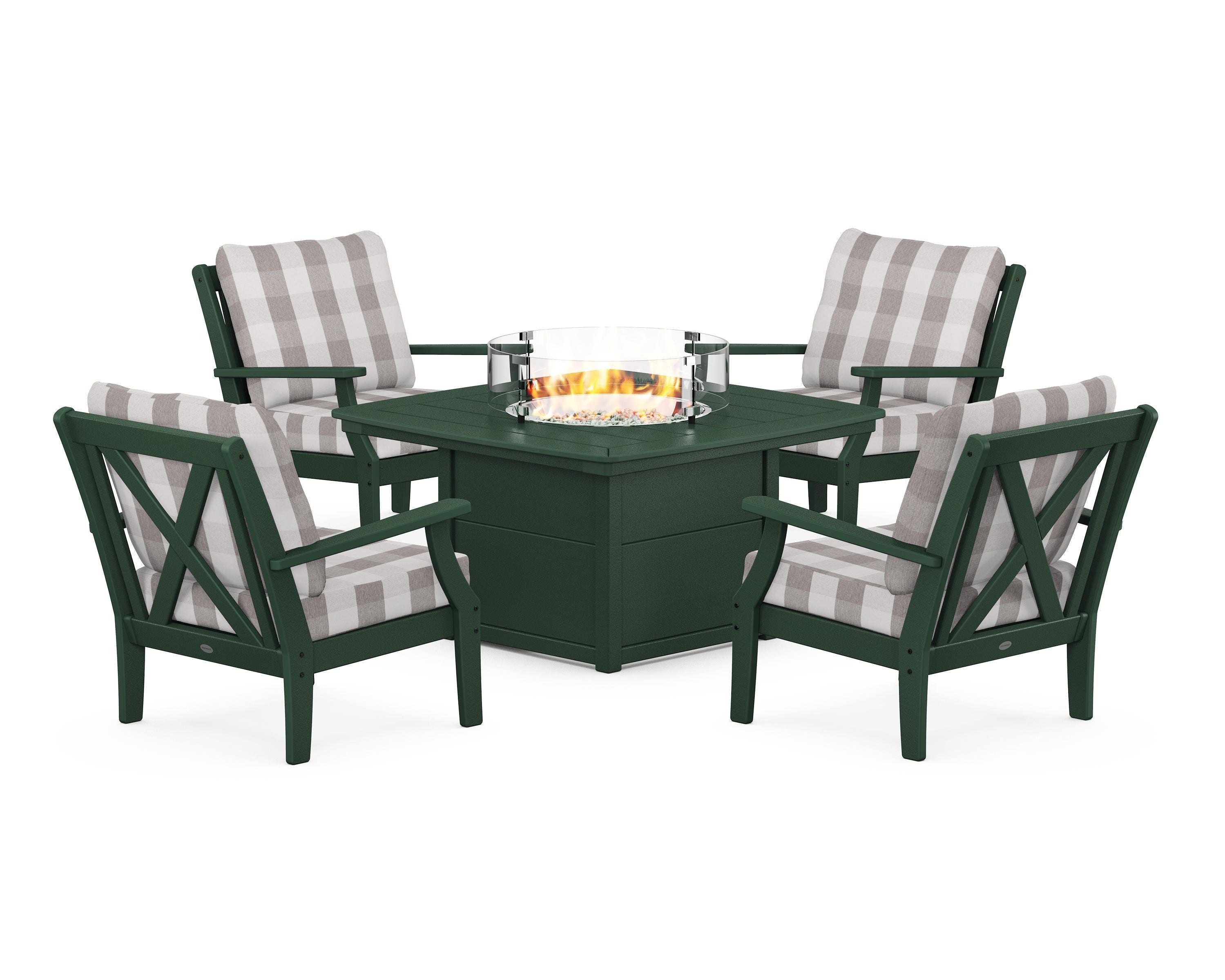 POLYWOOD® Braxton 5-Piece Deep Seating Conversation Set with Fire Pit Table in Green / Buffalo Plaid Grey Mist