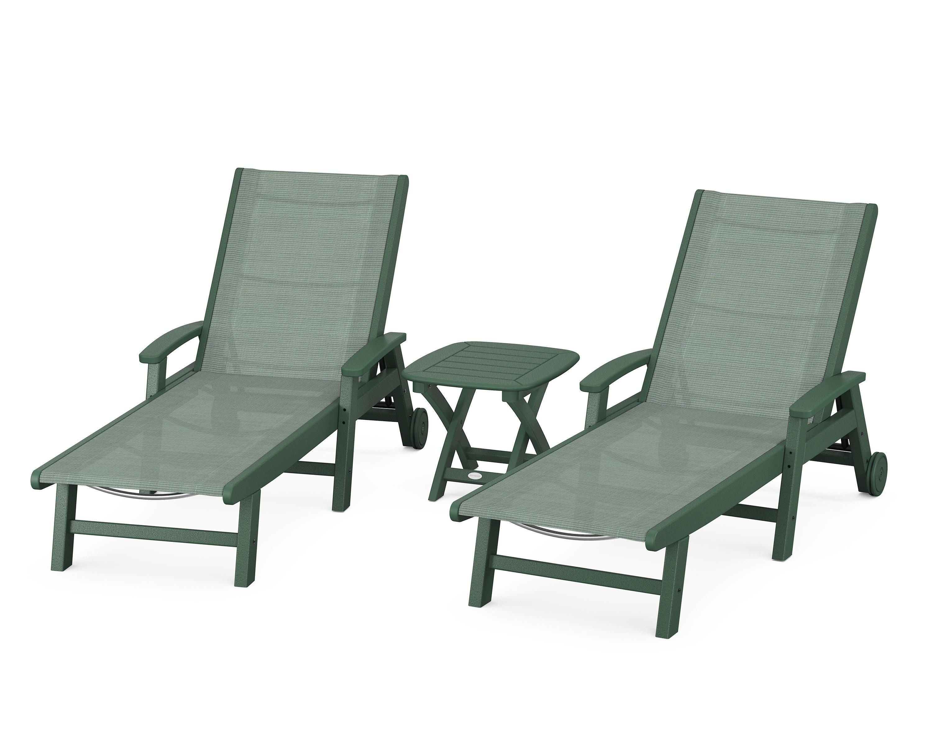 POLYWOOD® Coastal 3-Piece Wheeled Chaise Set in Green / Dupioni Sea Mist Sling