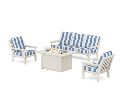 POLYWOOD® Vineyard Deep Seating Fire Pit Table Set in Sand / Cabana Stripe Sky Blue