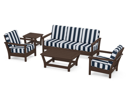 POLYWOOD® Harbour 5-Piece Deep Seating Set in Mahogany / Cabana Stripe Marine Indigo