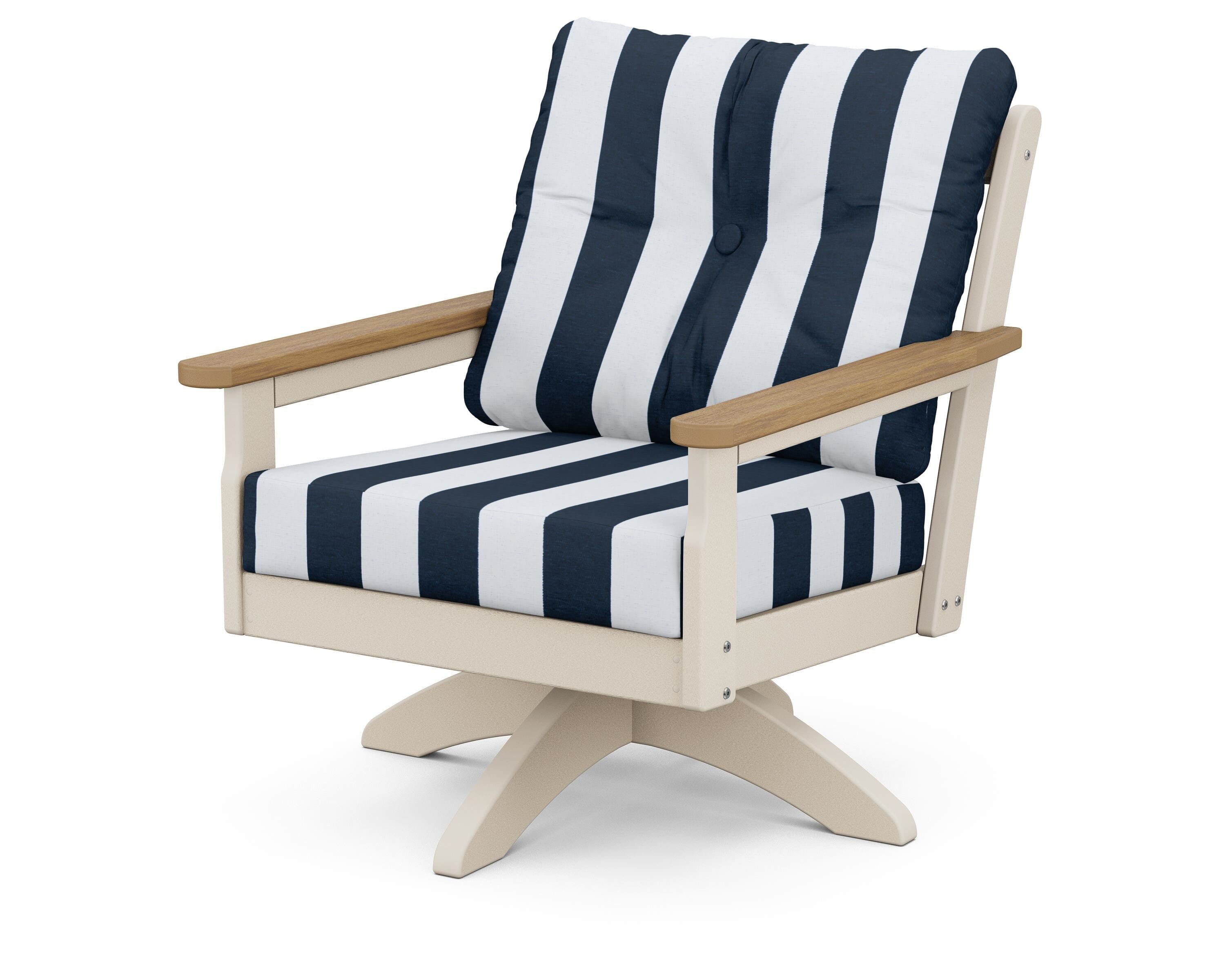 POLYWOOD® Vineyard Deep Seating Swivel Chair in Sand / Natural / Cabana Stripe Marine Indigo