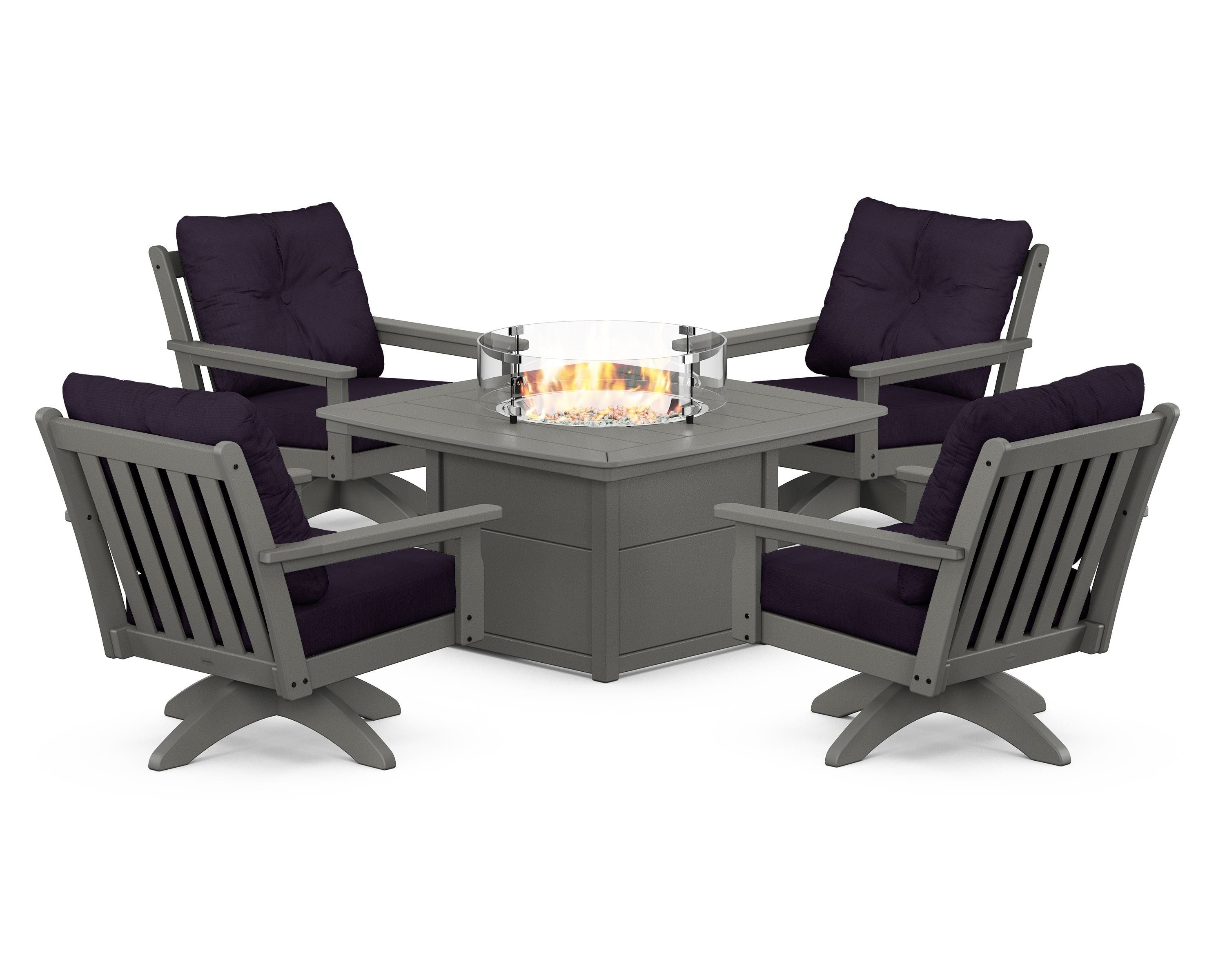 POLYWOOD® Vineyard 5-Piece Deep Seating Swivel Conversation Set with Fire Pit Table in Slate Grey / Navy Linen