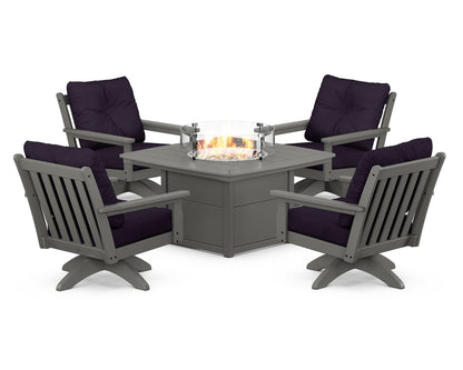 POLYWOOD® Vineyard 5-Piece Deep Seating Swivel Conversation Set with Fire Pit Table in Slate Grey / Navy Linen