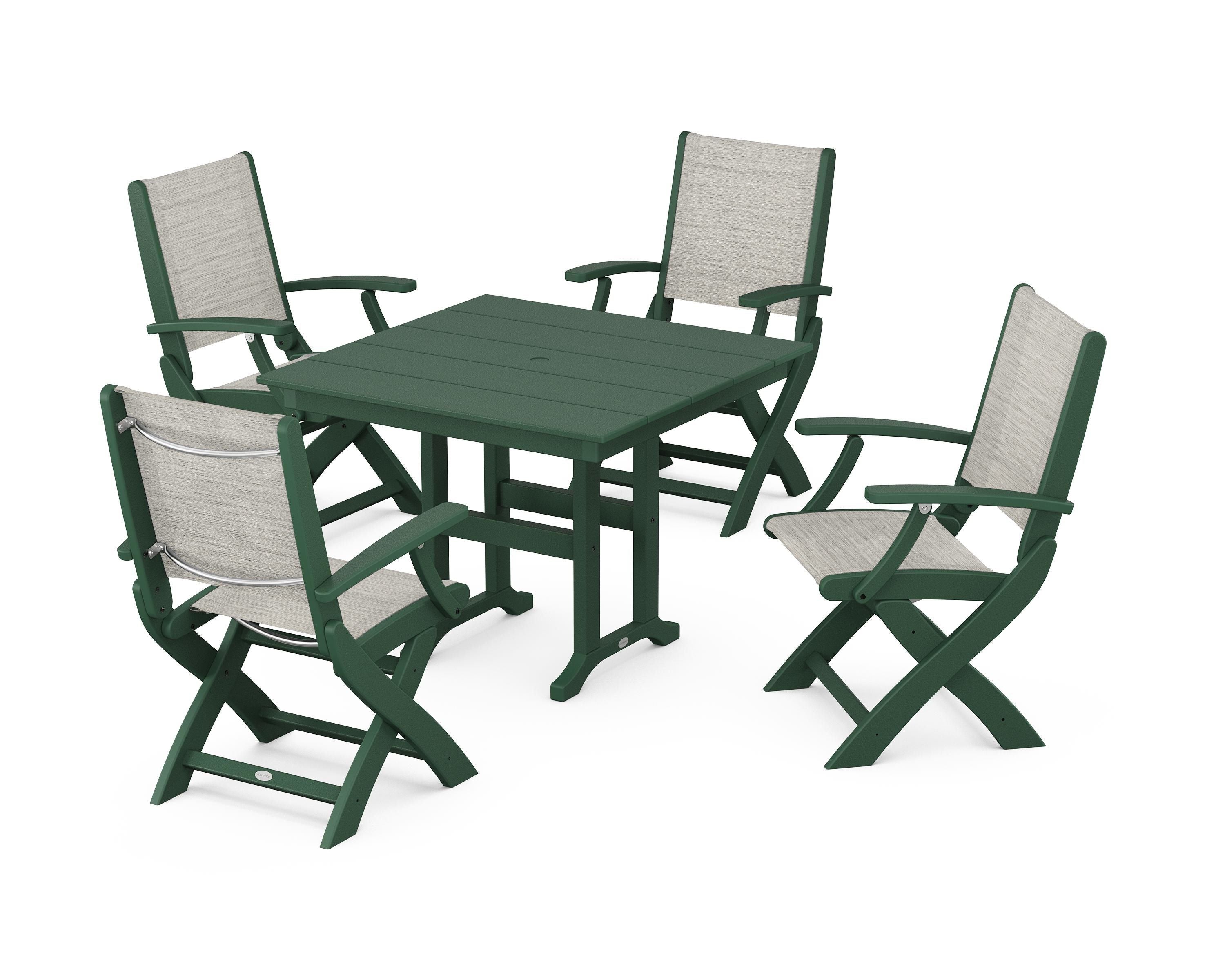 POLYWOOD® Coastal Folding Chair 5-Piece Farmhouse Dining Set in Green / Birch Sling