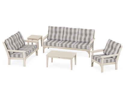 POLYWOOD® Vineyard 5 Piece Deep Seating Set in Sand / Buffalo Plaid Grey Mist