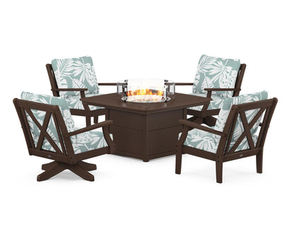 POLYWOOD® Braxton 5-Piece Deep Seating Set with Fire Table in Mahogany / Leaf Glacier Spa
