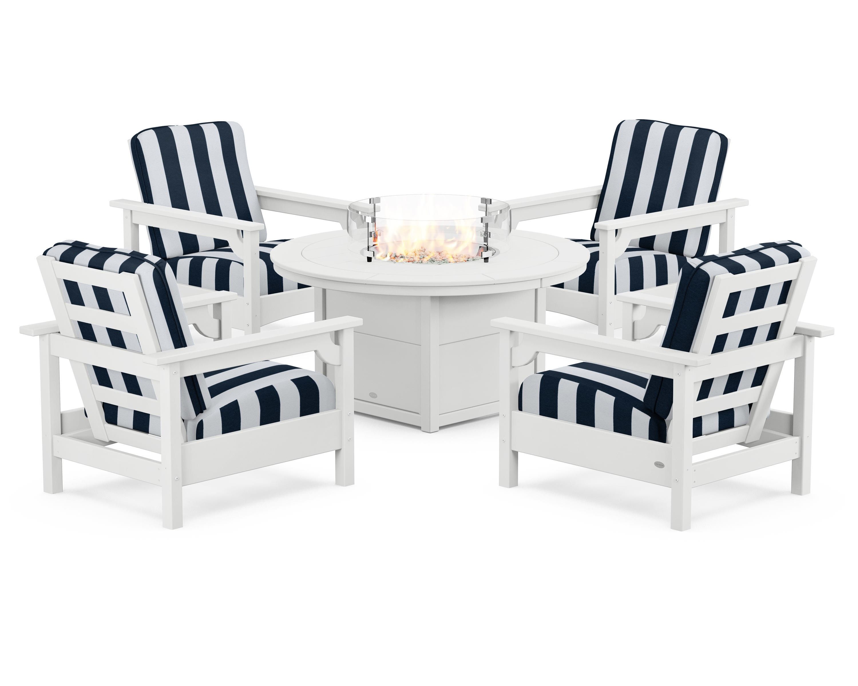 POLYWOOD® Club 5-Piece Conversation Set with Fire Pit Table in White / Cabana Stripe Marine Indigo