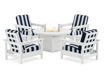 POLYWOOD® Club 5-Piece Conversation Set with Fire Pit Table in White / Cabana Stripe Marine Indigo