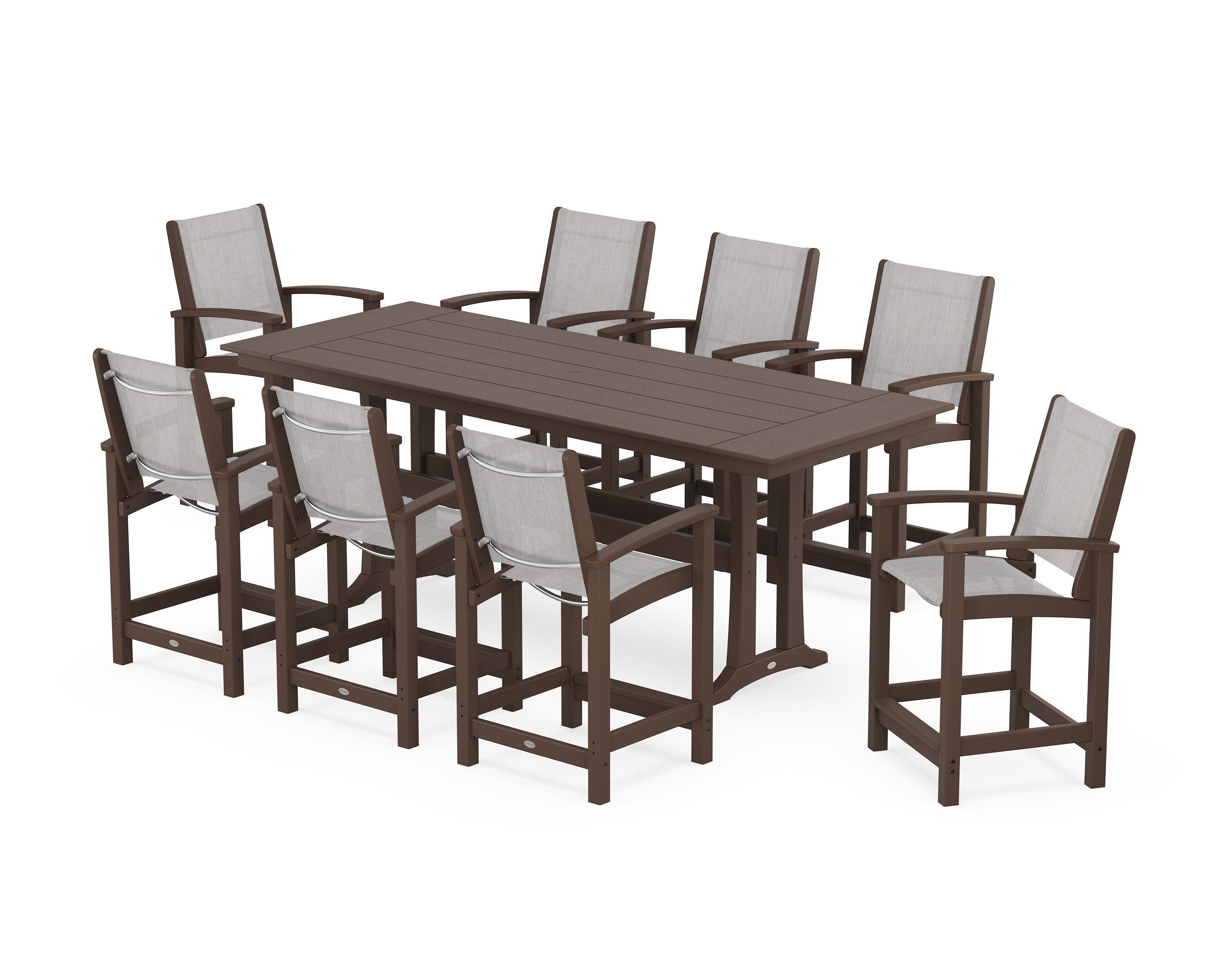POLYWOOD® Coastal 9-Piece Farmhouse Counter Set with Trestle Legs in Mahogany / Parchment Sling