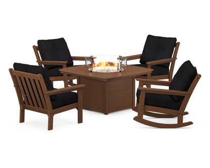 POLYWOOD® Vineyard 5-Piece Deep Seating Rocking Chair Conversation Set with Fire Pit Table in Teak / Midnight Linen