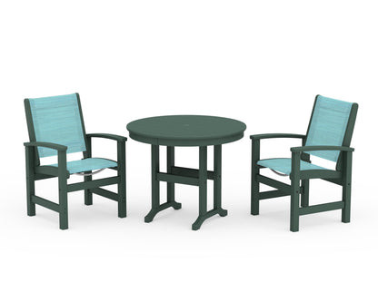 POLYWOOD® Coastal 3-Piece Round Dining Set in Green / Dupioni Aquamarine Sling