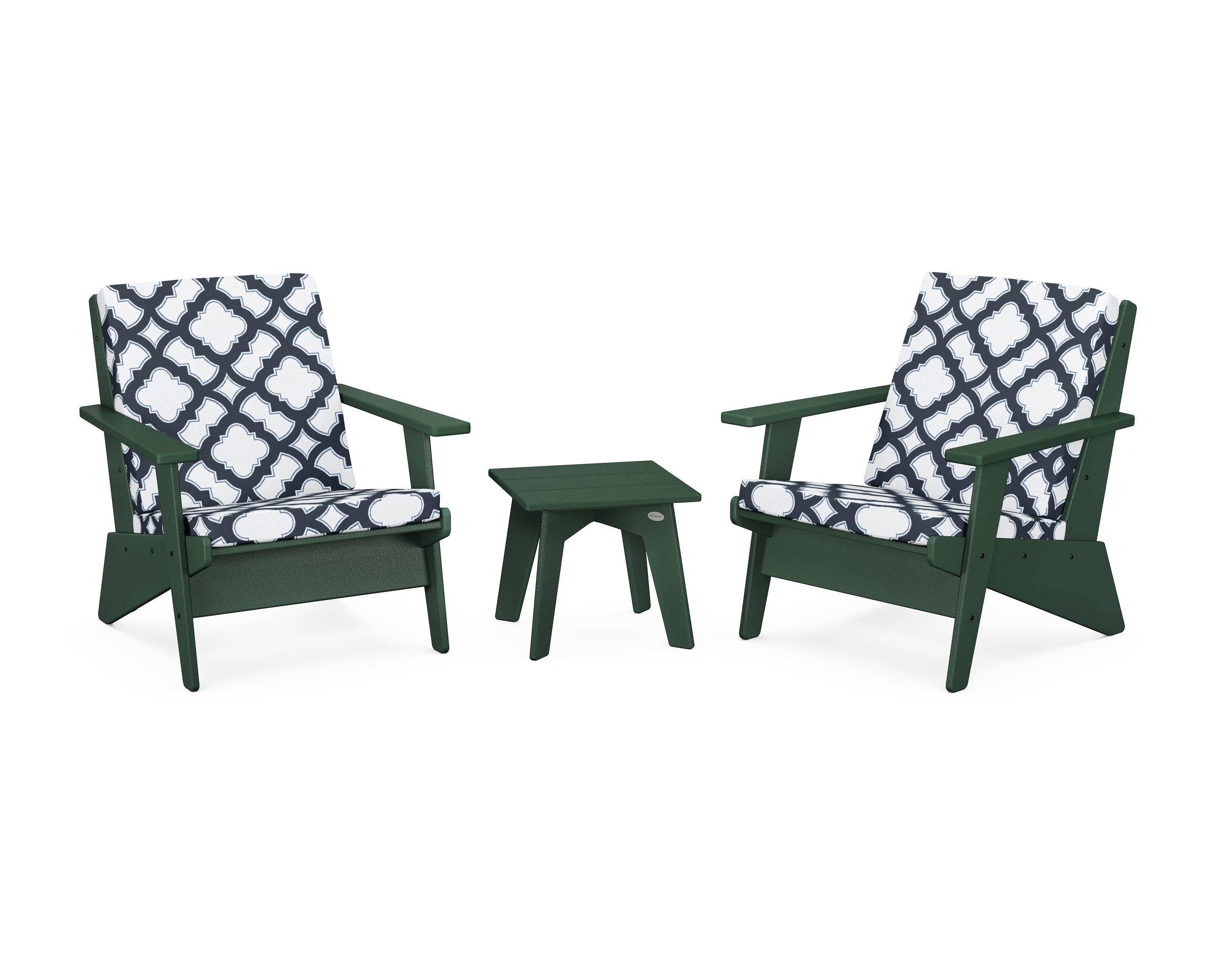 POLYWOOD® Riviera Modern Lounge 3-Piece Set in Green / Trellis Marine Indigo