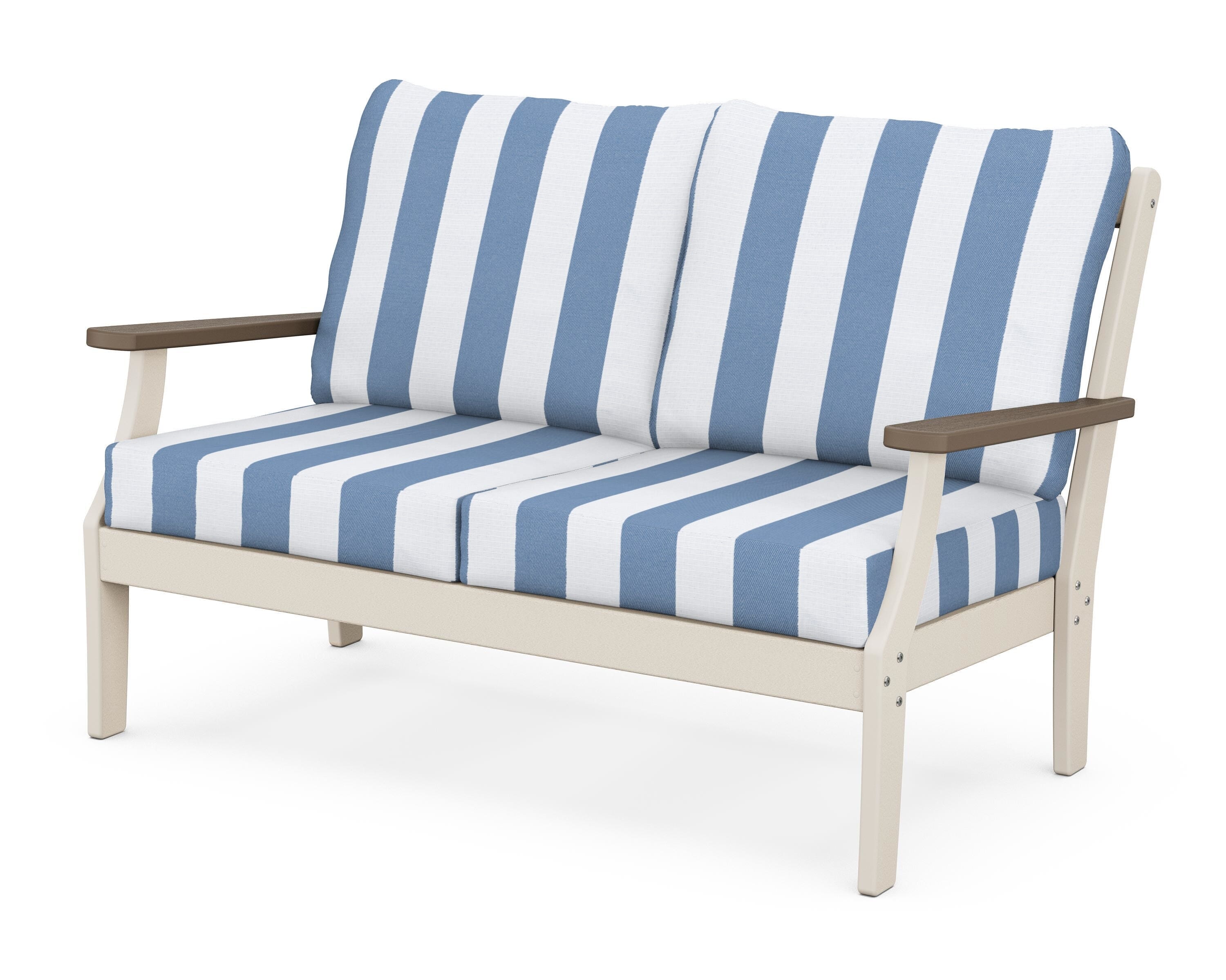 POLYWOOD® Braxton Deep Seating Loveseat in Sand / Kona / Cabana Stripe Sky Blue