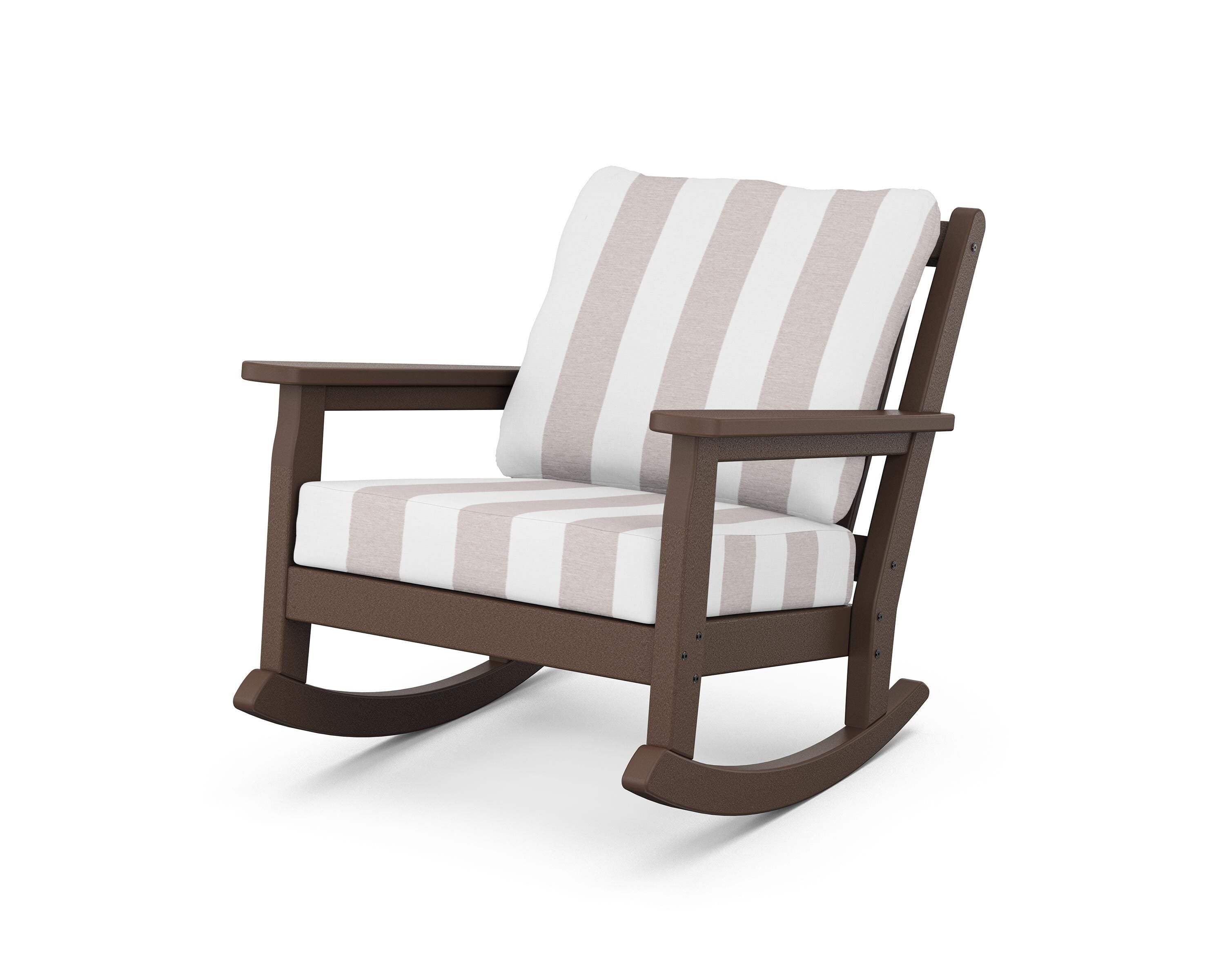 POLYWOOD® Chippendale Deep Seating Rocking Chair in Mahogany / Cabana Stripe Dune Burlap