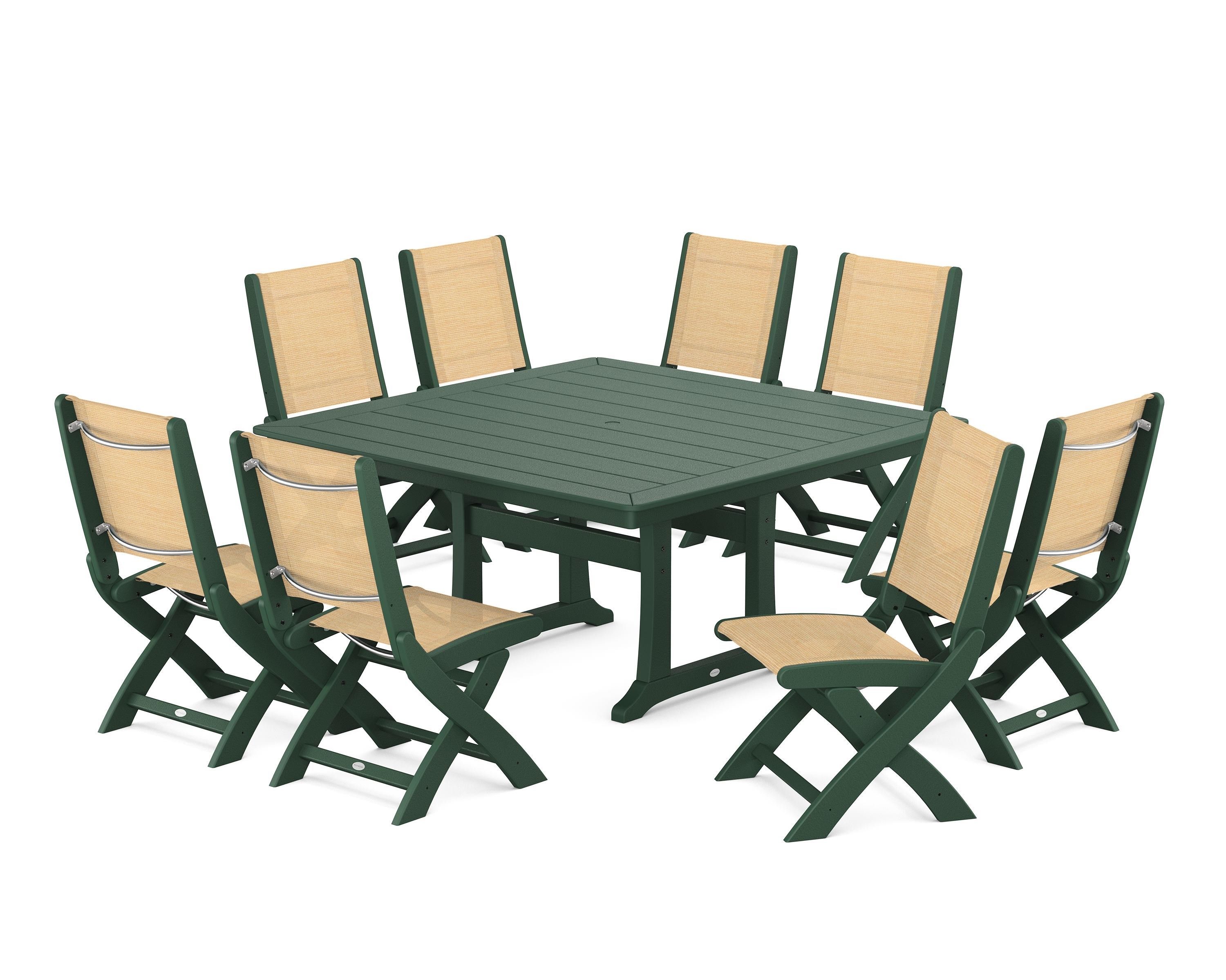 POLYWOOD® Coastal Folding Side Chair 9-Piece Dining Set with Trestle Legs in Green / Dupioni Apricot Sling