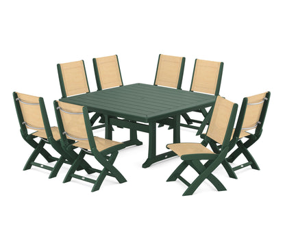 POLYWOOD® Coastal Folding Side Chair 9-Piece Dining Set with Trestle Legs in Green / Dupioni Apricot Sling