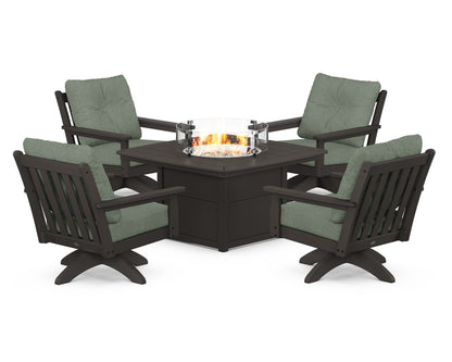 POLYWOOD® Vineyard 5-Piece Deep Seating Swivel Conversation Set with Fire Pit Table in Vintage Coffee / Cast Sage