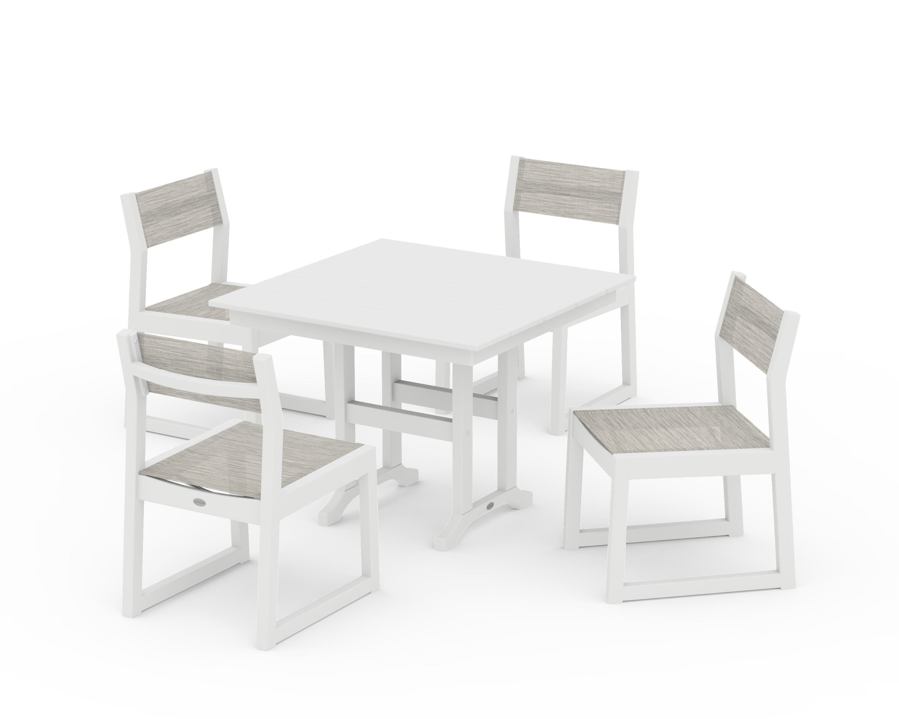 POLYWOOD® EDGE Sling Side Chair 5-Piece Farmhouse Dining Set in White / Birch Sling