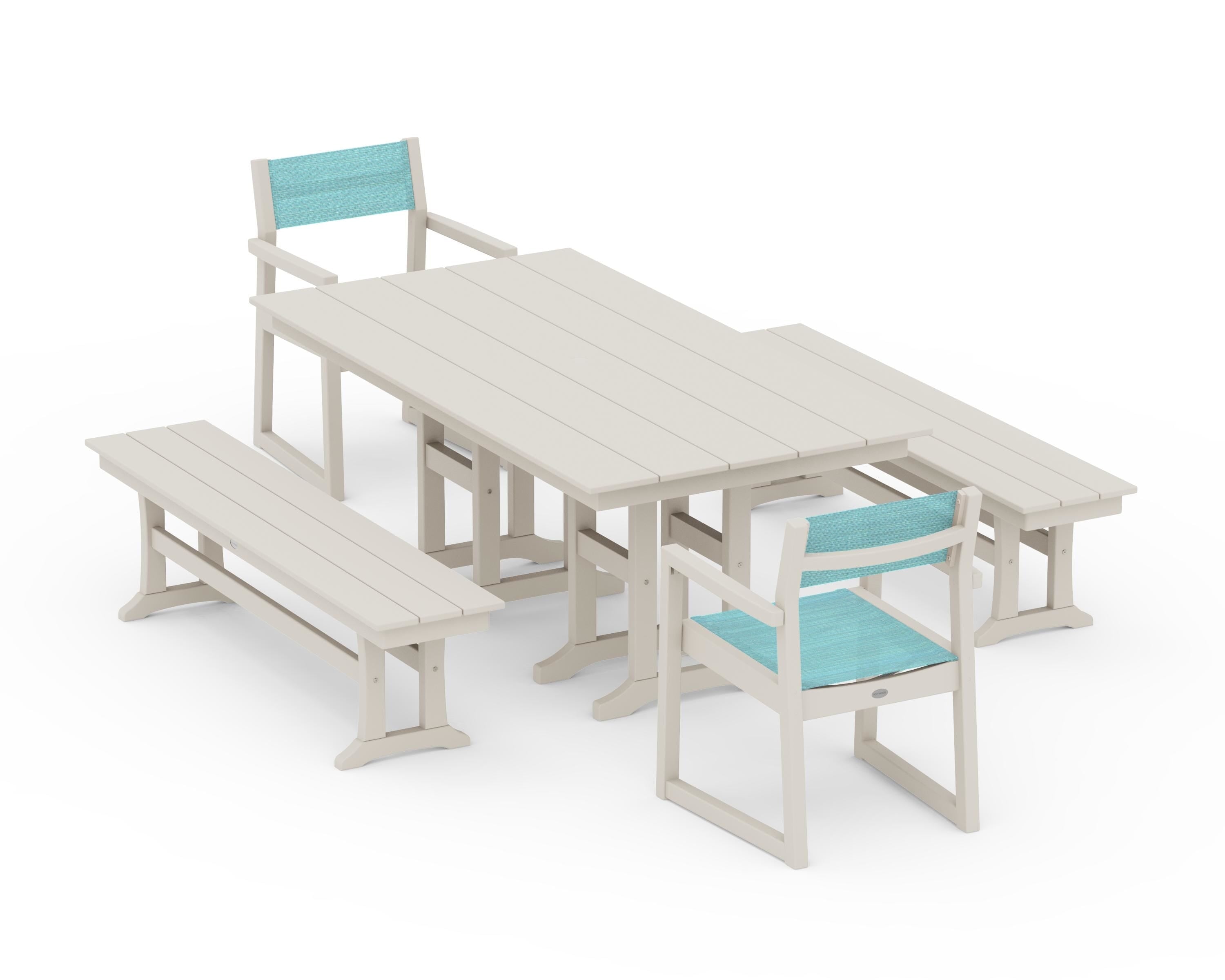 POLYWOOD® EDGE Sling Arm Chair 5-Piece Farmhouse Dining Set with Benches in Sand / Dupioni Aquamarine Sling