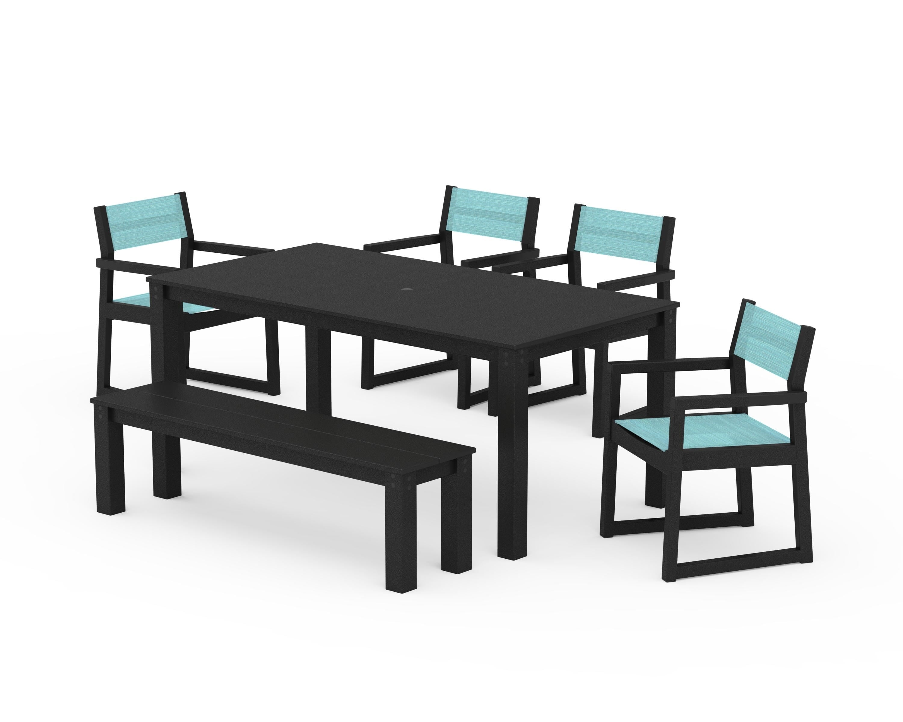 POLYWOOD® EDGE Sling Arm Chair 6-Piece Parsons Dining Set with Bench in Black / Dupioni Aquamarine Sling