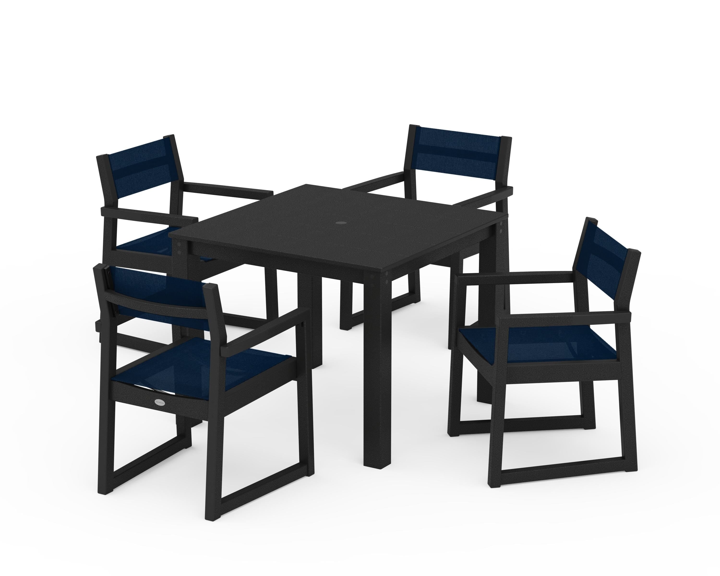 POLYWOOD® EDGE Sling Arm Chair 5-Piece Parsons Dining Set in Black / Navy Blue Sling