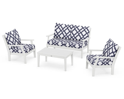 POLYWOOD® Braxton 4-Piece Deep Seating Chair Set in White / Trellis Navy