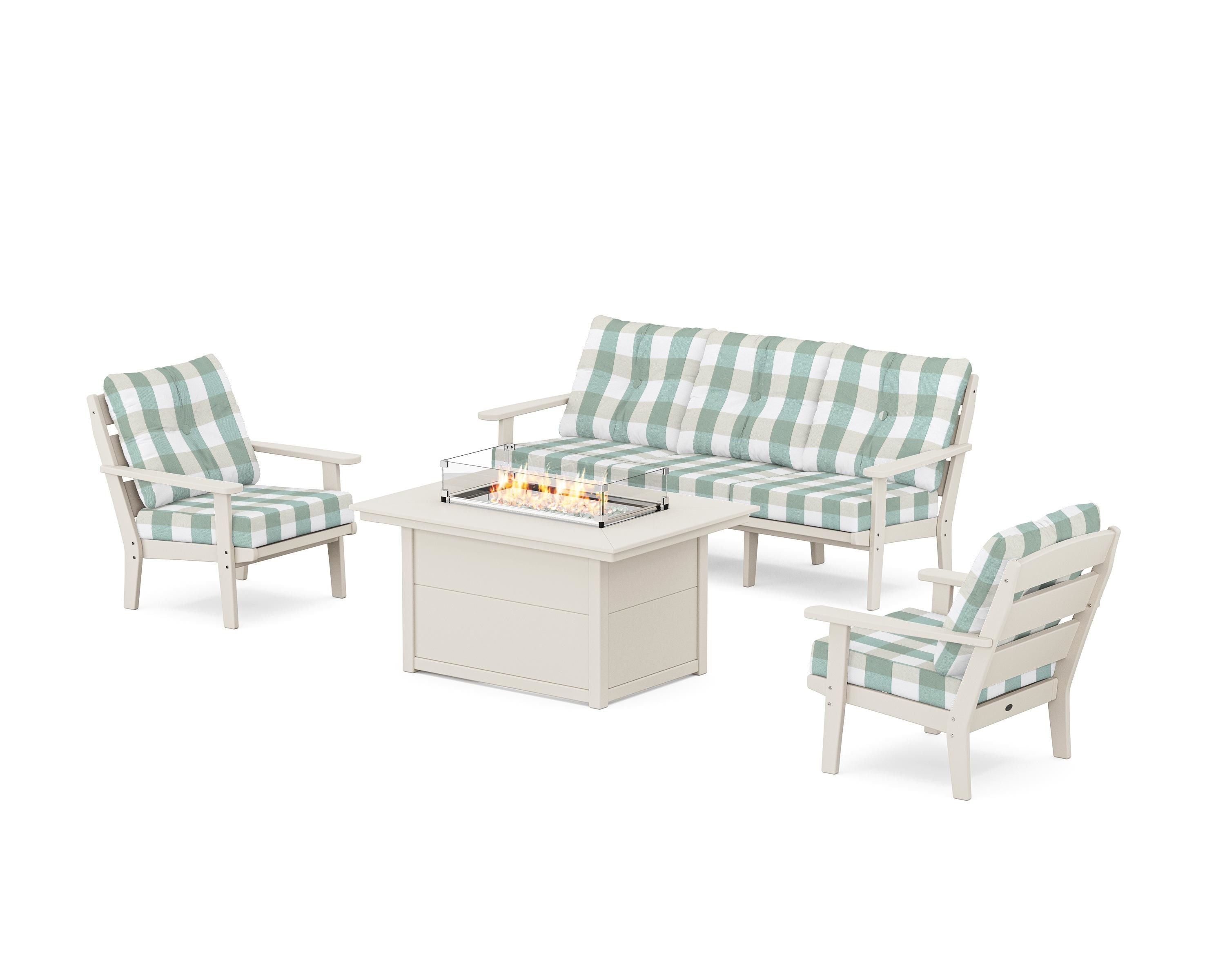 POLYWOOD® Lakeside Deep Seating Fire Pit Table Set in Sand / Buffalo Plaid Glacier Spa