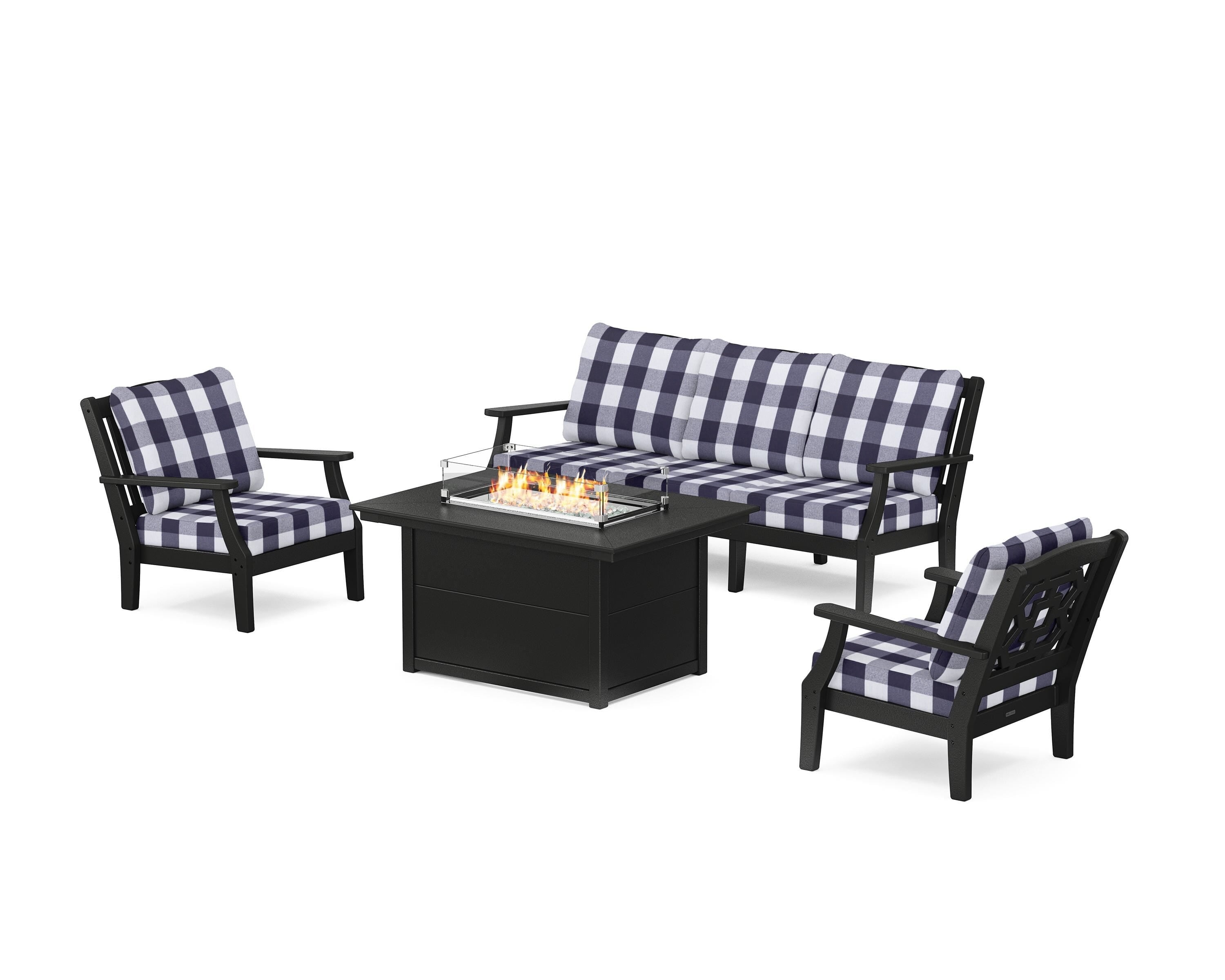 Martha Stewart by POLYWOOD® Chinoiserie Deep Seating Fire Pit Table Set in Black / Buffalo Plaid Navy