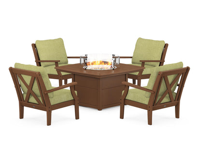 POLYWOOD® Braxton 5-Piece Deep Seating Conversation Set with Fire Pit Table in Teak / Chartreuse Boucle