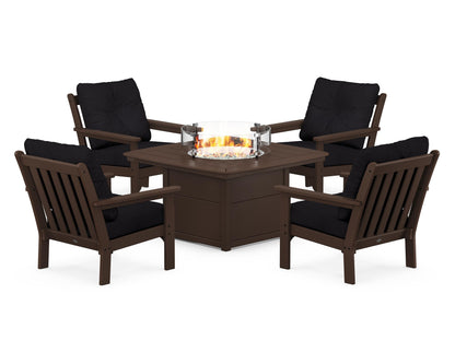 POLYWOOD® Vineyard 5-Piece Conversation Set with Fire Pit Table in Mahogany / Midnight Linen