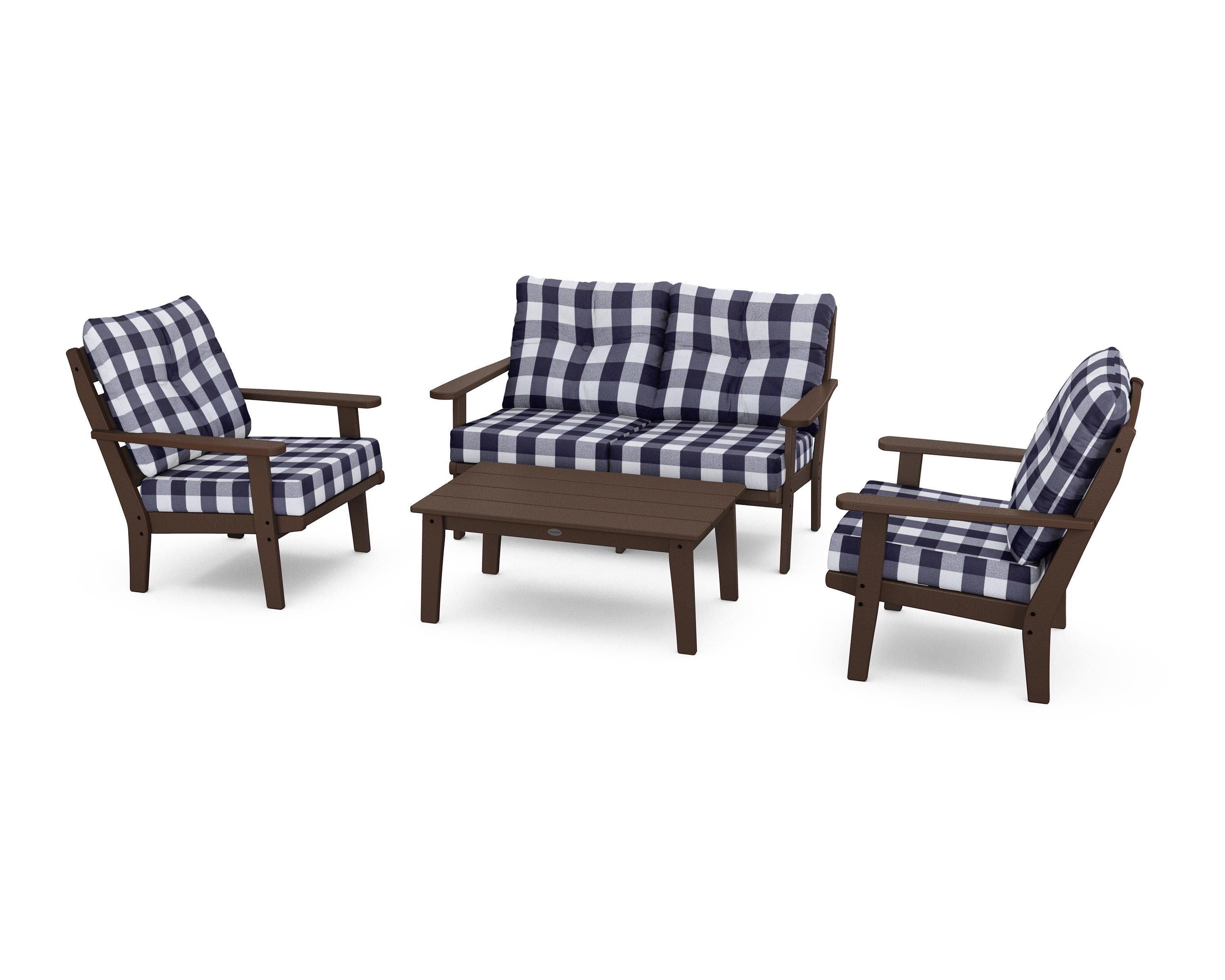 POLYWOOD® Lakeside 4-Piece Deep Seating Set in Mahogany / Buffalo Plaid Navy