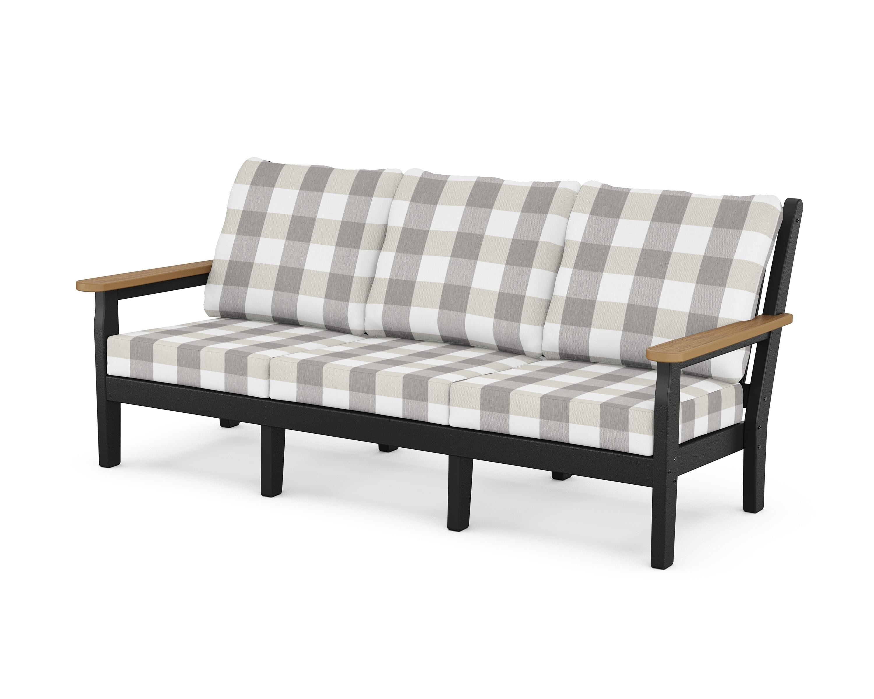 POLYWOOD® Chippendale Deep Seating Sofa in Black / Natural / Buffalo Plaid Grey Mist